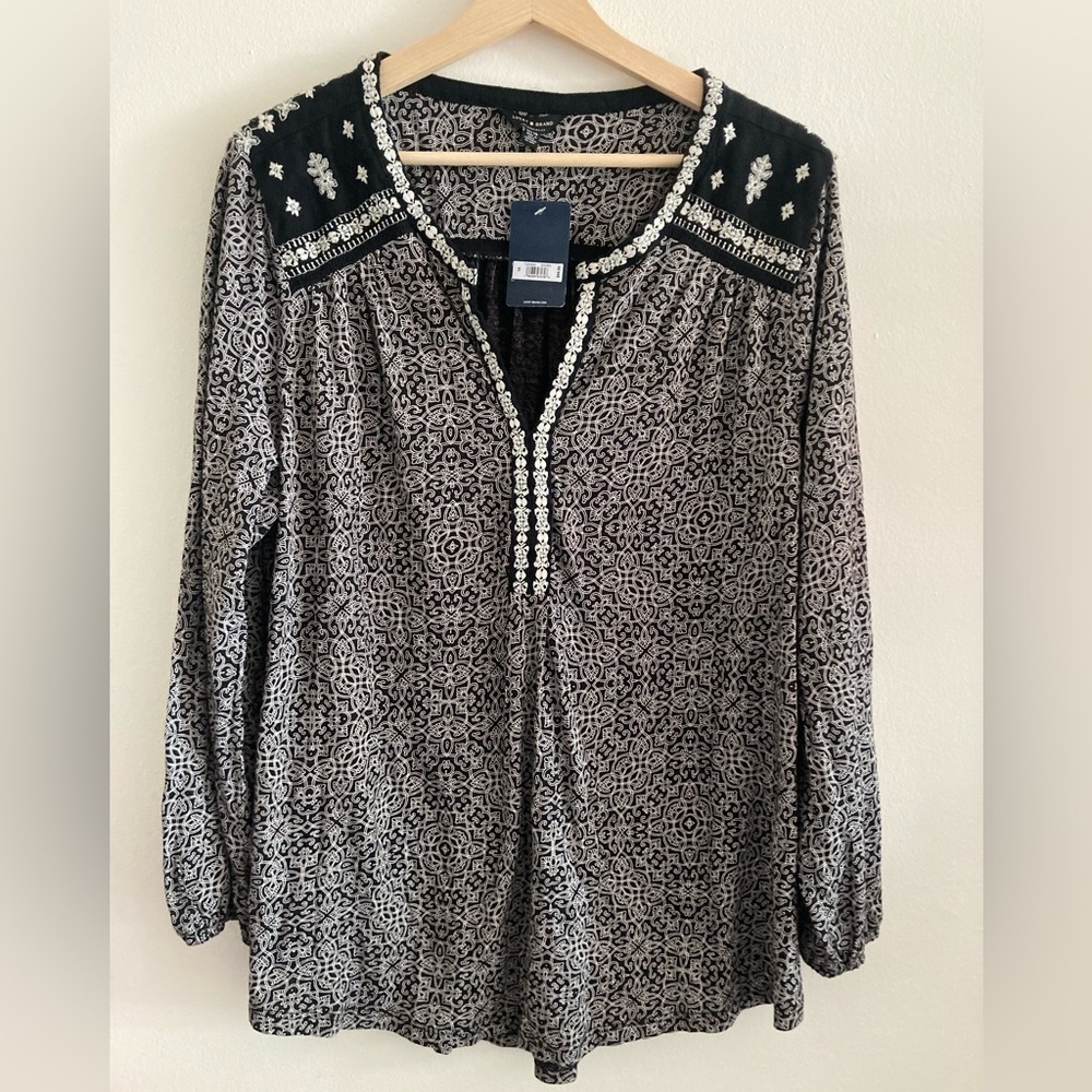 Lucky Brand Women Boho Tunic Top Black White Embroidered 1X NWT